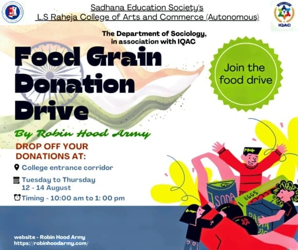 Sociology dept. Robin Hood Army Food grain Donation drive August 2025